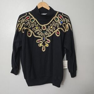 Vtg Adolfo Collectibles Black Ornante Jeweled Braided Sweater Size Womems Small